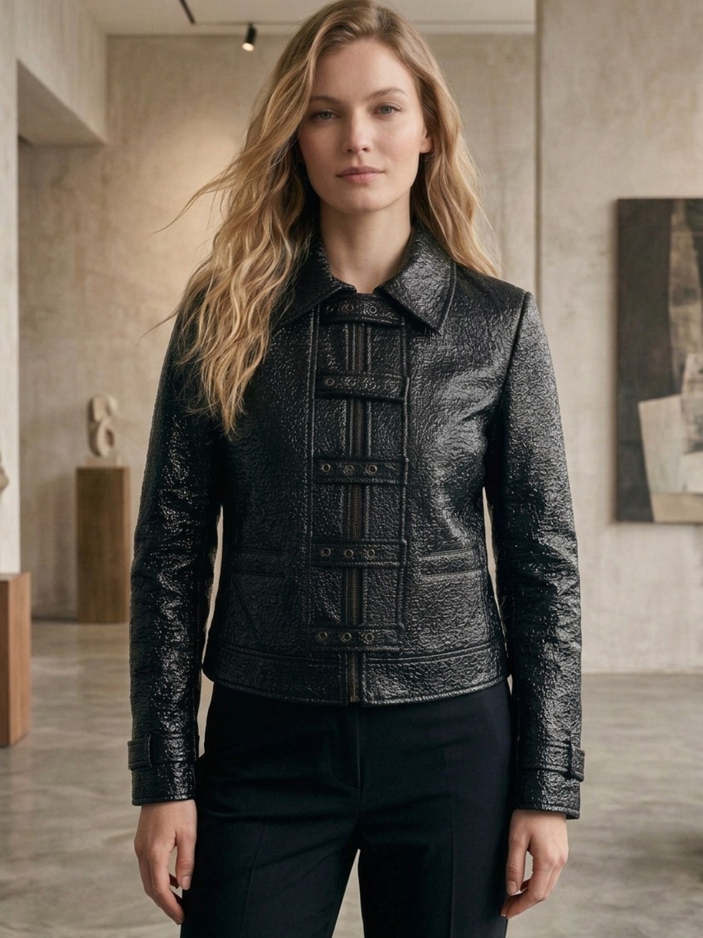 GUESS Crinkled Patent Faux Leather Moto Jacket Black - Size M